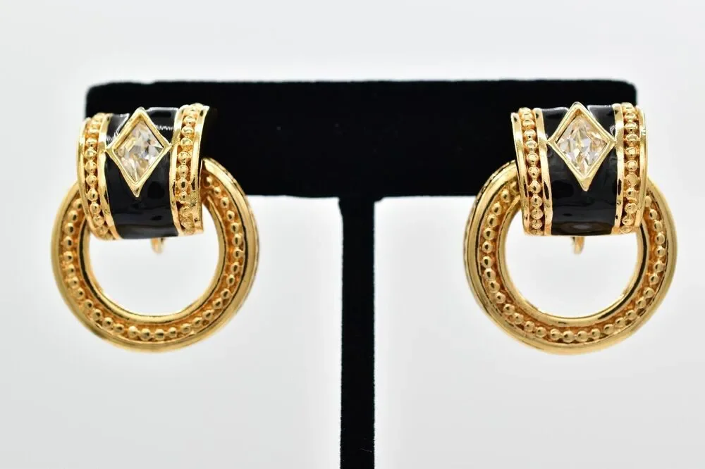 Swarovski Vintage Crystal Clip On Earrings Black Dangle Gold Swan Signed BinBK